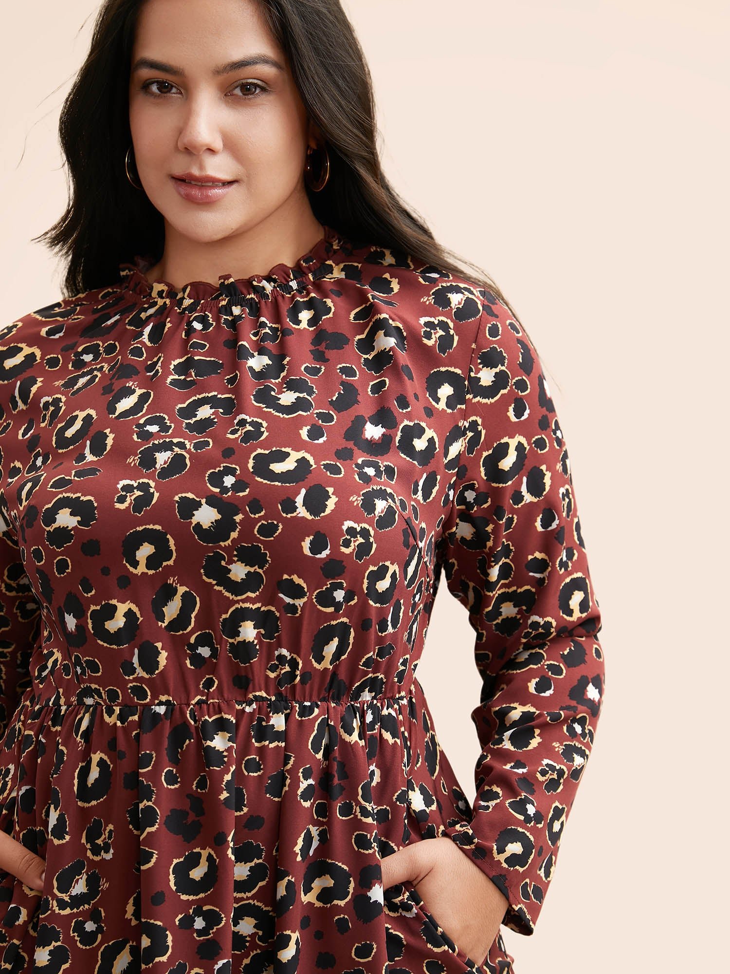 Leopard Print Mock Neck Frill Trim Dress