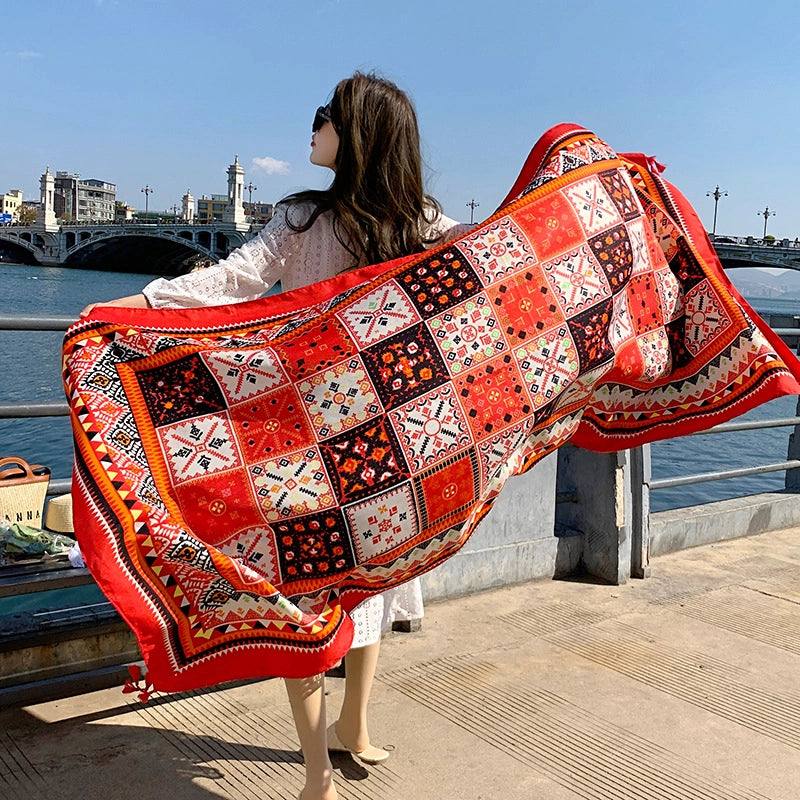 Silk Scarf Women's Summer Seaside Beach Sunscreen Shawl Scarf Dual-use  Long Ethnic Style Plus Size Travel Silk Scarf