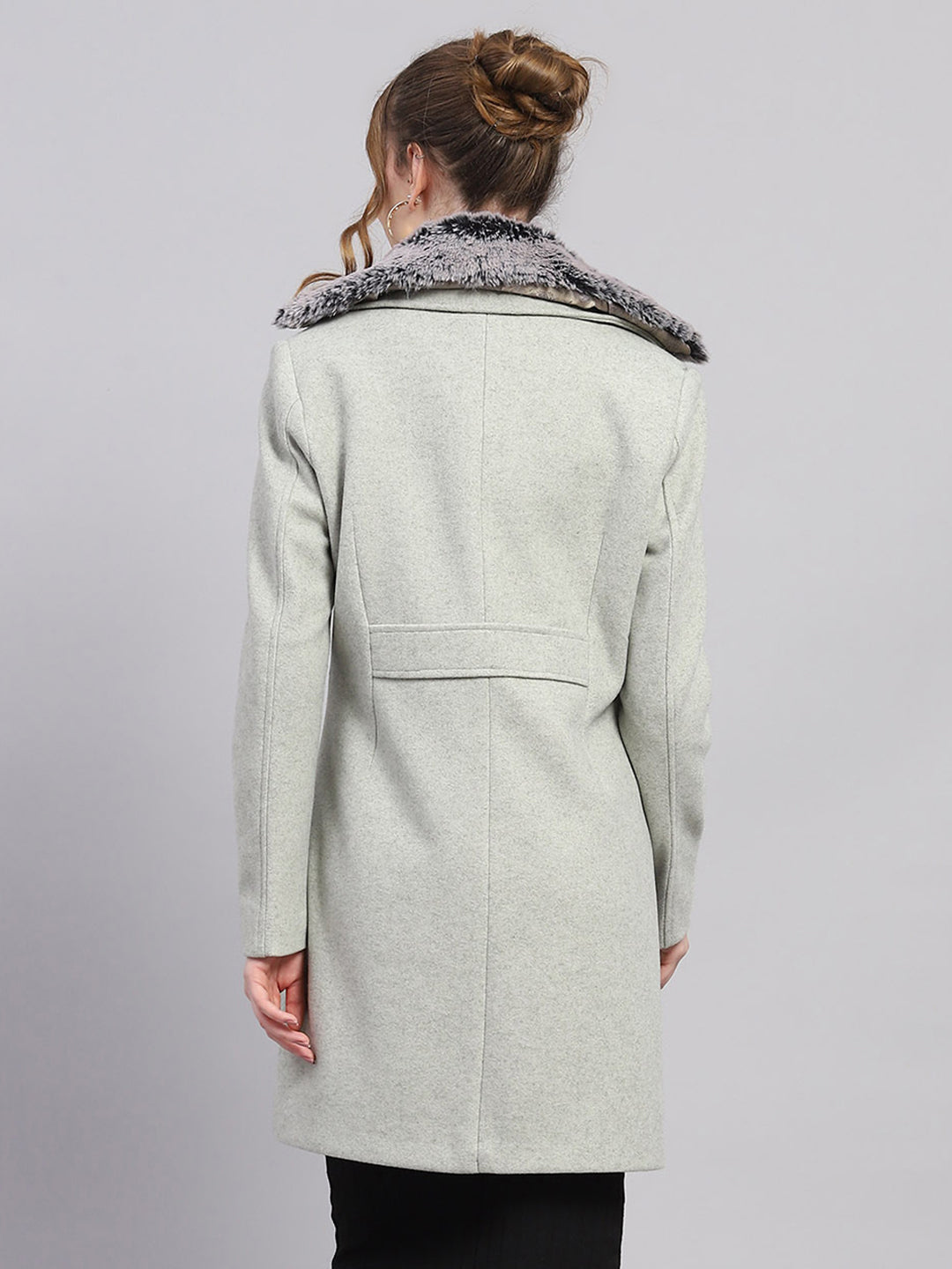 Women Grey Solid Notch lapel Collar Full Sleeve Coat