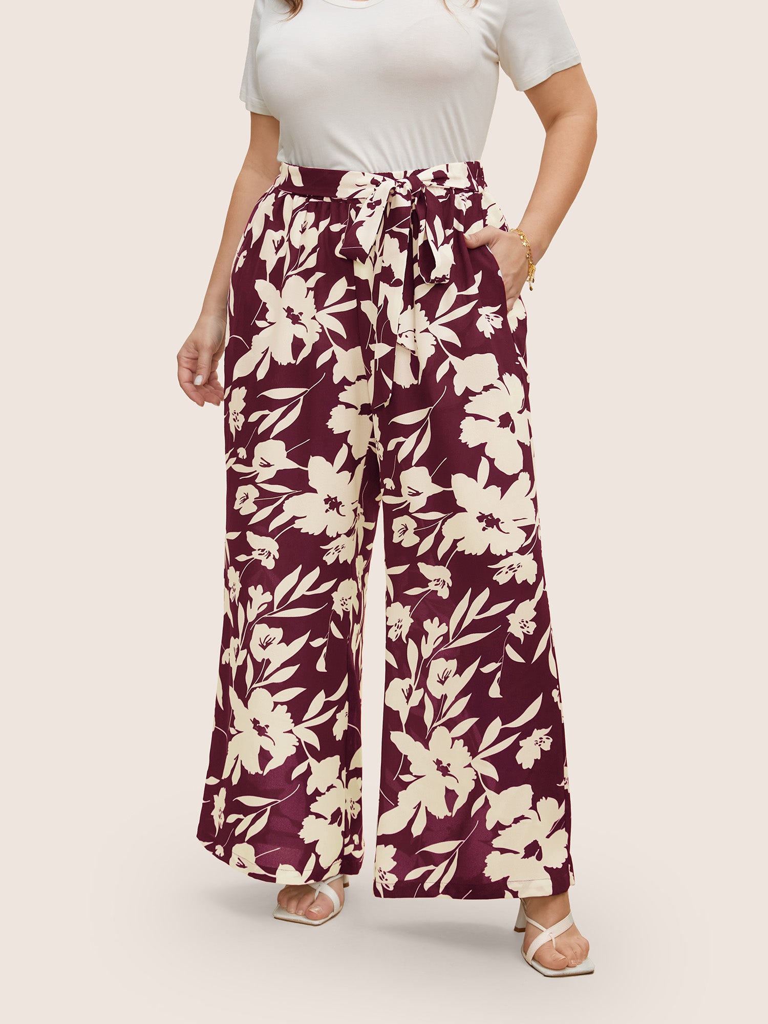 Silhouette Floral Print Ties Side Seam Pocket Pants