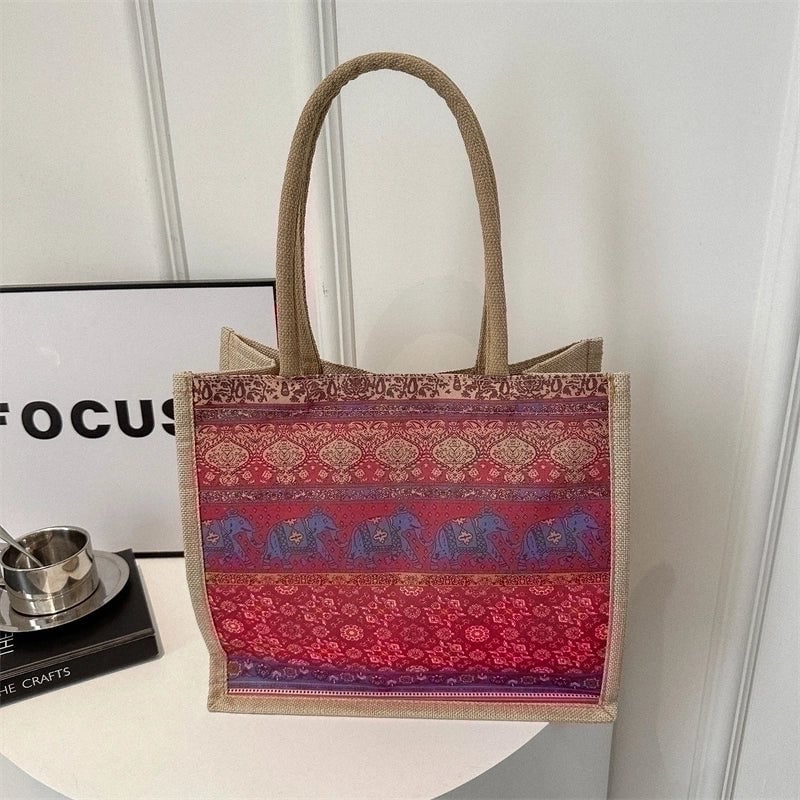 Women's Linen Color Block Classic Style Square Magnetic Buckle Shoulder Bag