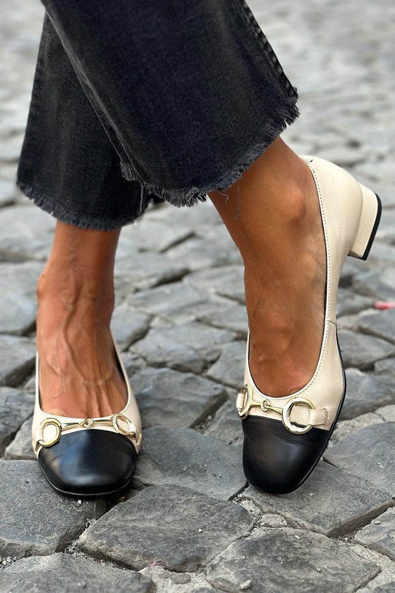 Colorblock Buckle Decor Square Toe Beige Low Heels