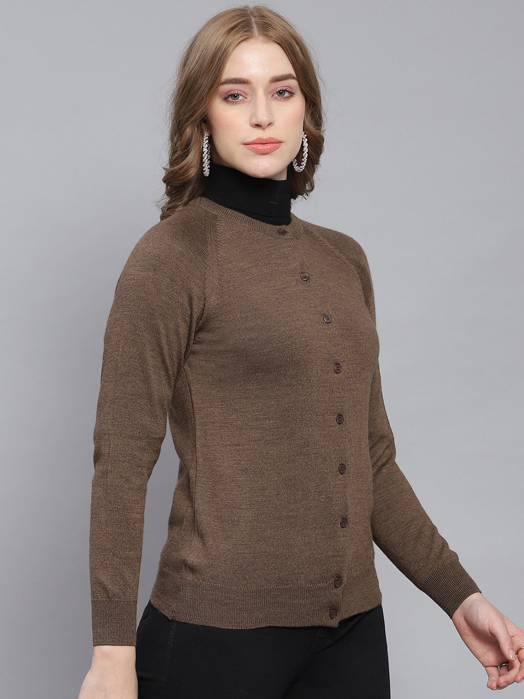 Women Brown Solid Round Neck Full Sleeve Cardigan