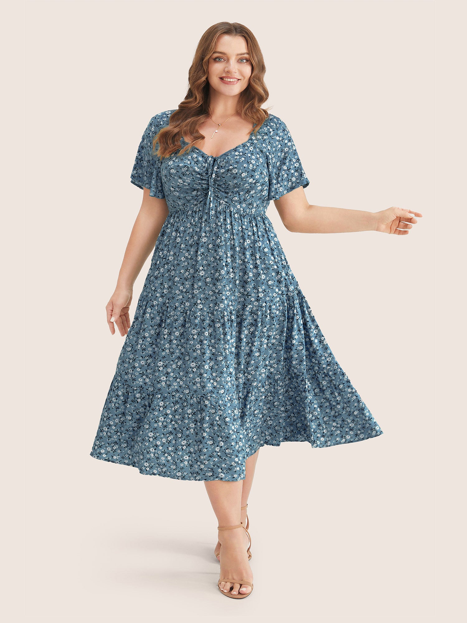 Ditsy Floral Drawstring Ruched Pocket Ruffle Tiered Dress