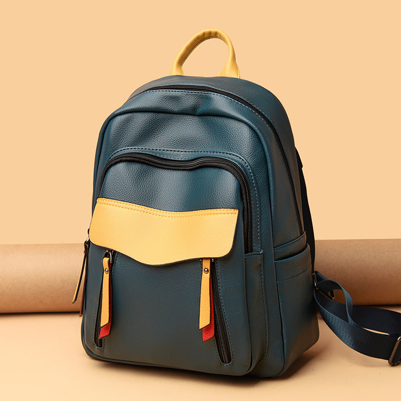Contrast Color  Soft Leather Travel Backpack