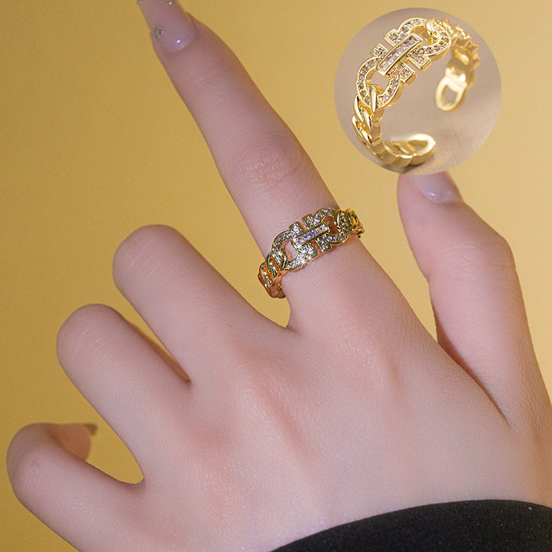 Shang Ins Chain Opening Adjustment Ring Female Version Micro-Inlaid Personality Couple Ring Retro Ancient Index Finger Ring
