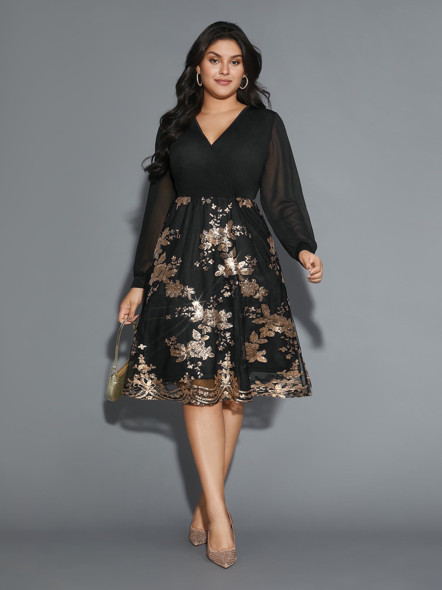 Sequin Overlap Collar Sheer Sleeve Lined Dress