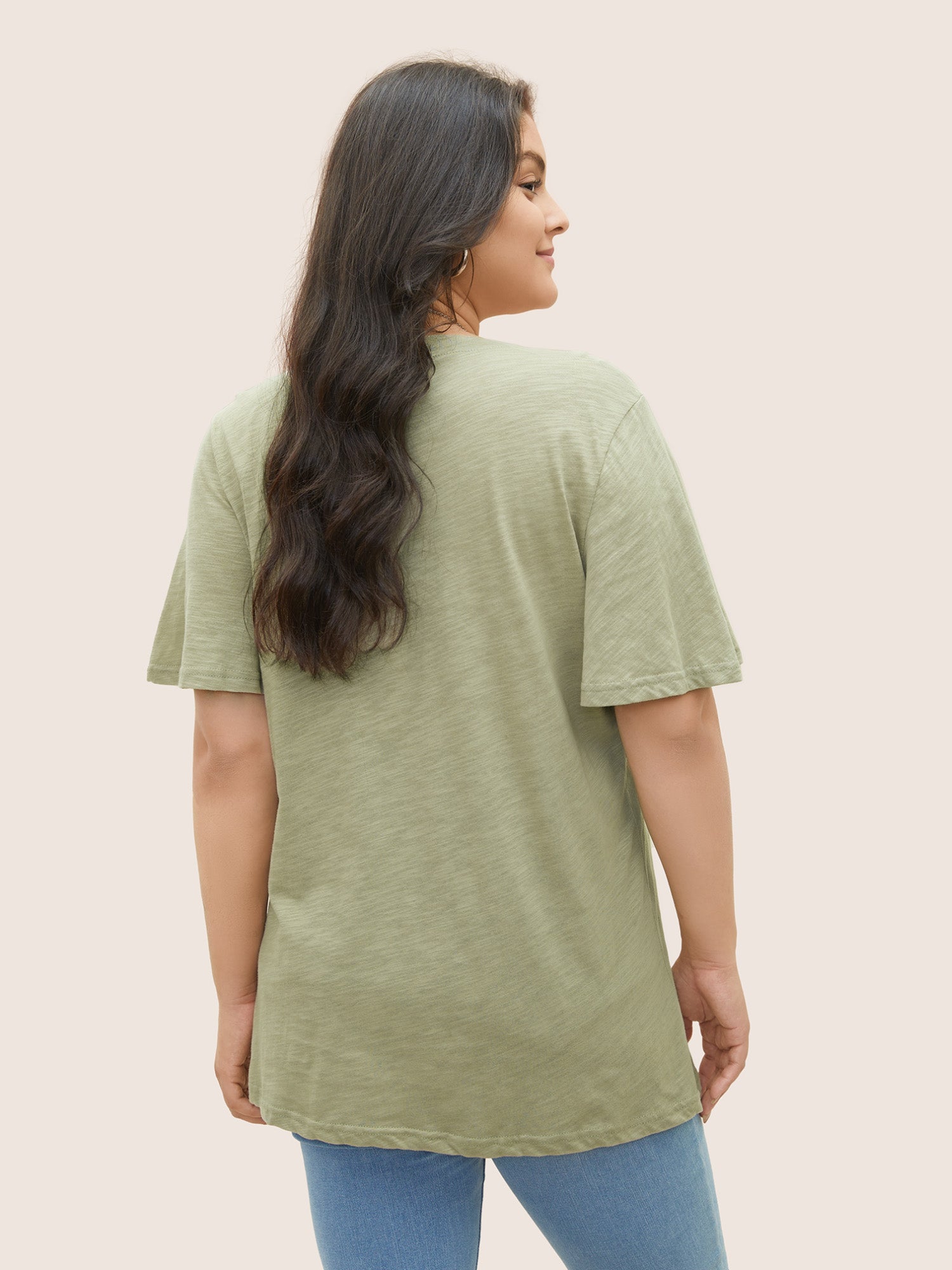 Plain Ruffle Sleeve Heather V Neck T-shirt