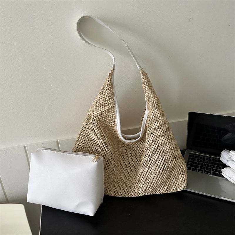 Women's Medium Pu Leather Straw Solid Color Vacation Beach Weave Square Magnetic Buckle Bag Sets Straw Bag