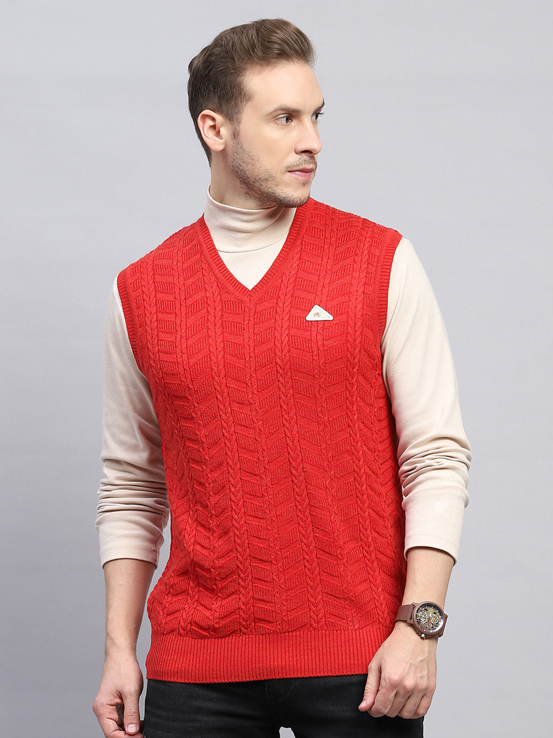 Men Red Self Design V Neck Sleeveless Sweater