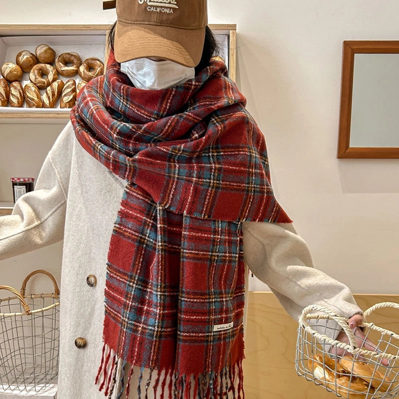 Women's Sweet Plaid Imitation Cashmere Tassel Scarf