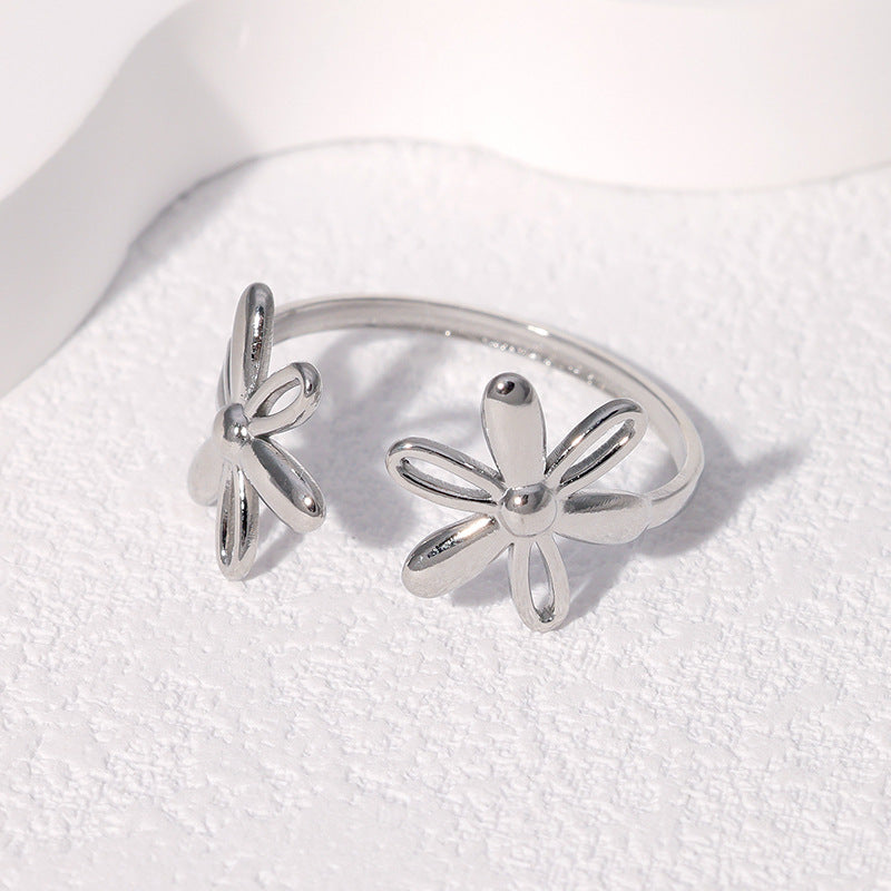 Hollow Daisy Sweet Flower Personality Niche Design Adjustable Opening Stainless Steel Ring