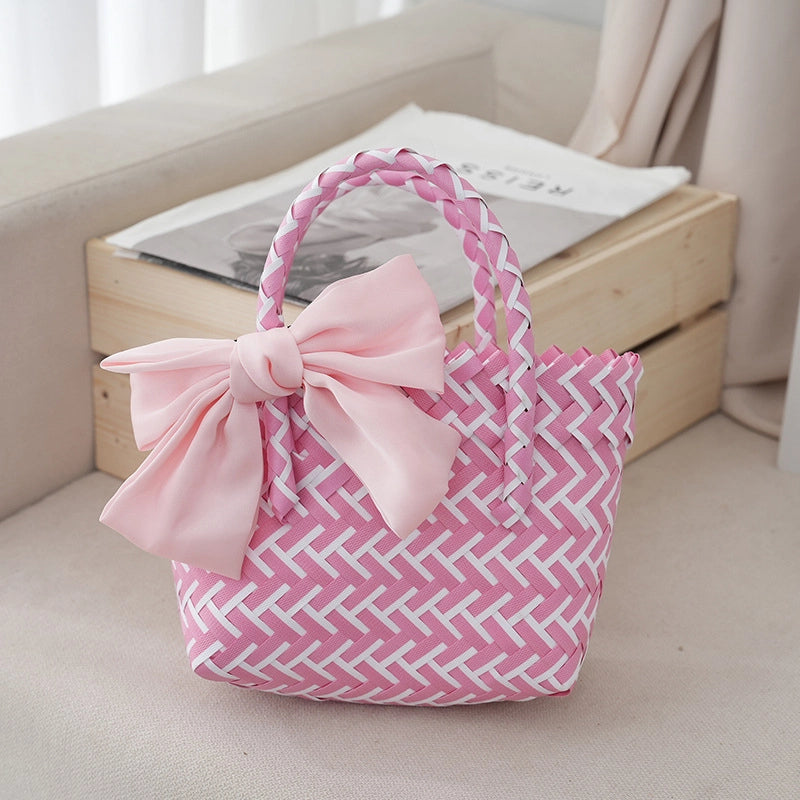 Women's Small PVC Stripe Bow Knot Cute Weave Square Open Handbag