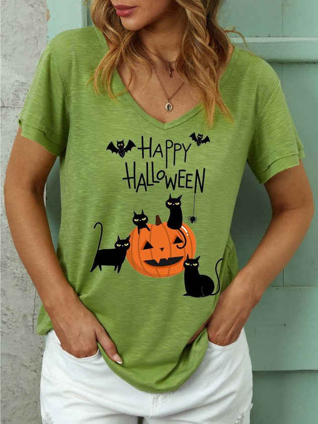 Women Pumpkin Light Halloween Black Cat Casual T-Shirt