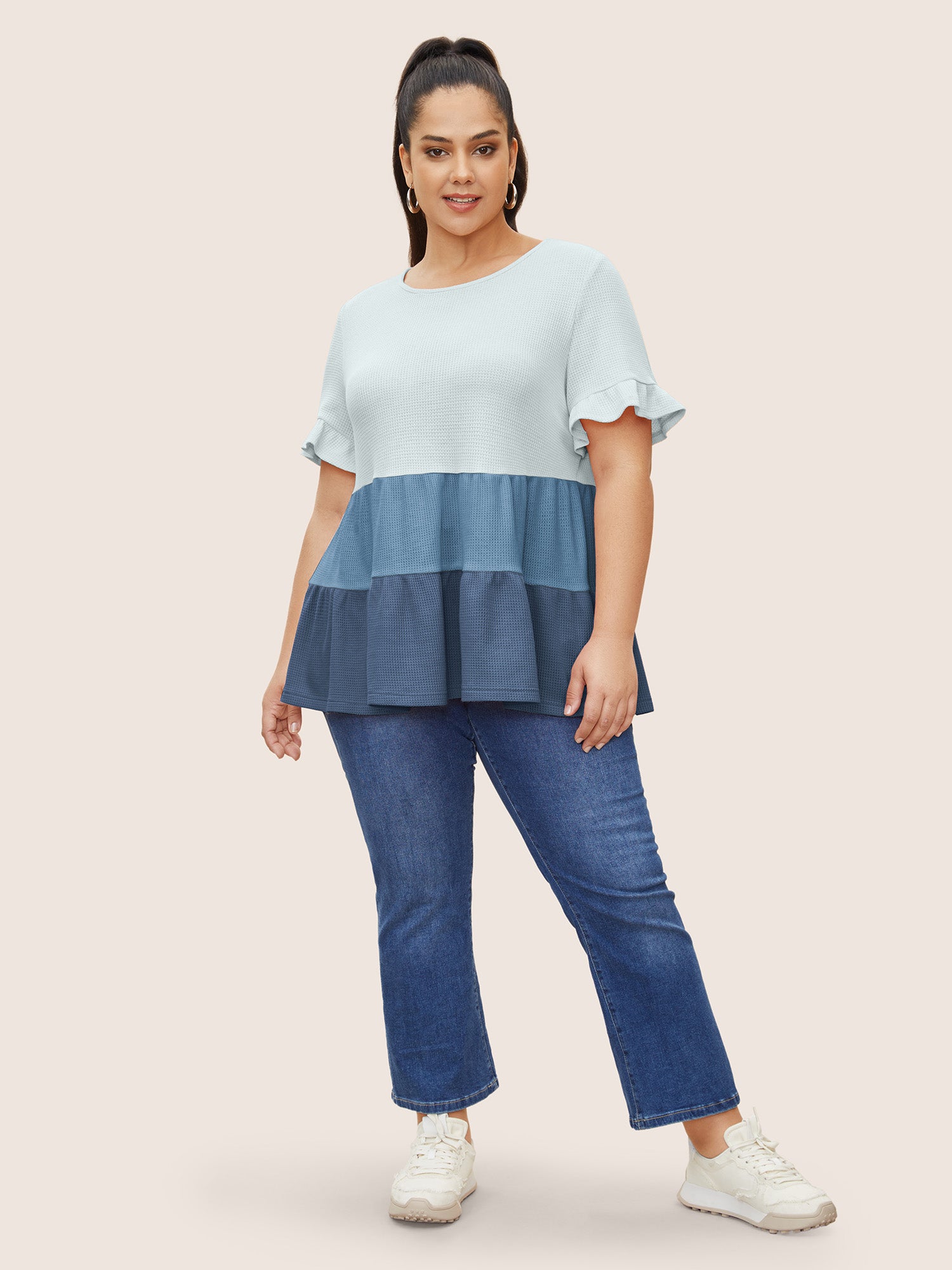 Waffle Knit Contrast Ruffle Layered Hem T-shirt