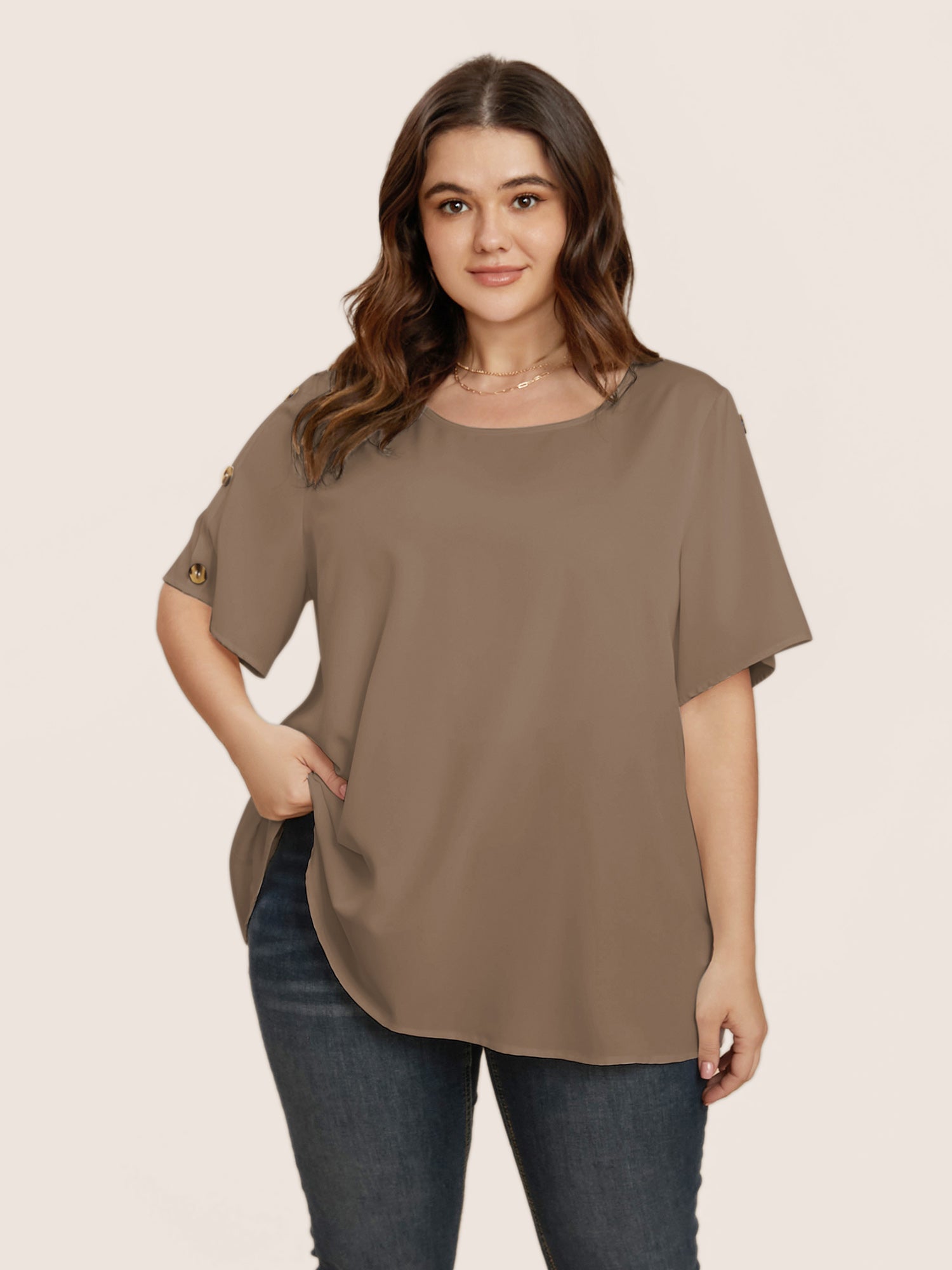 Plain Round Neck Button Detail Blouse