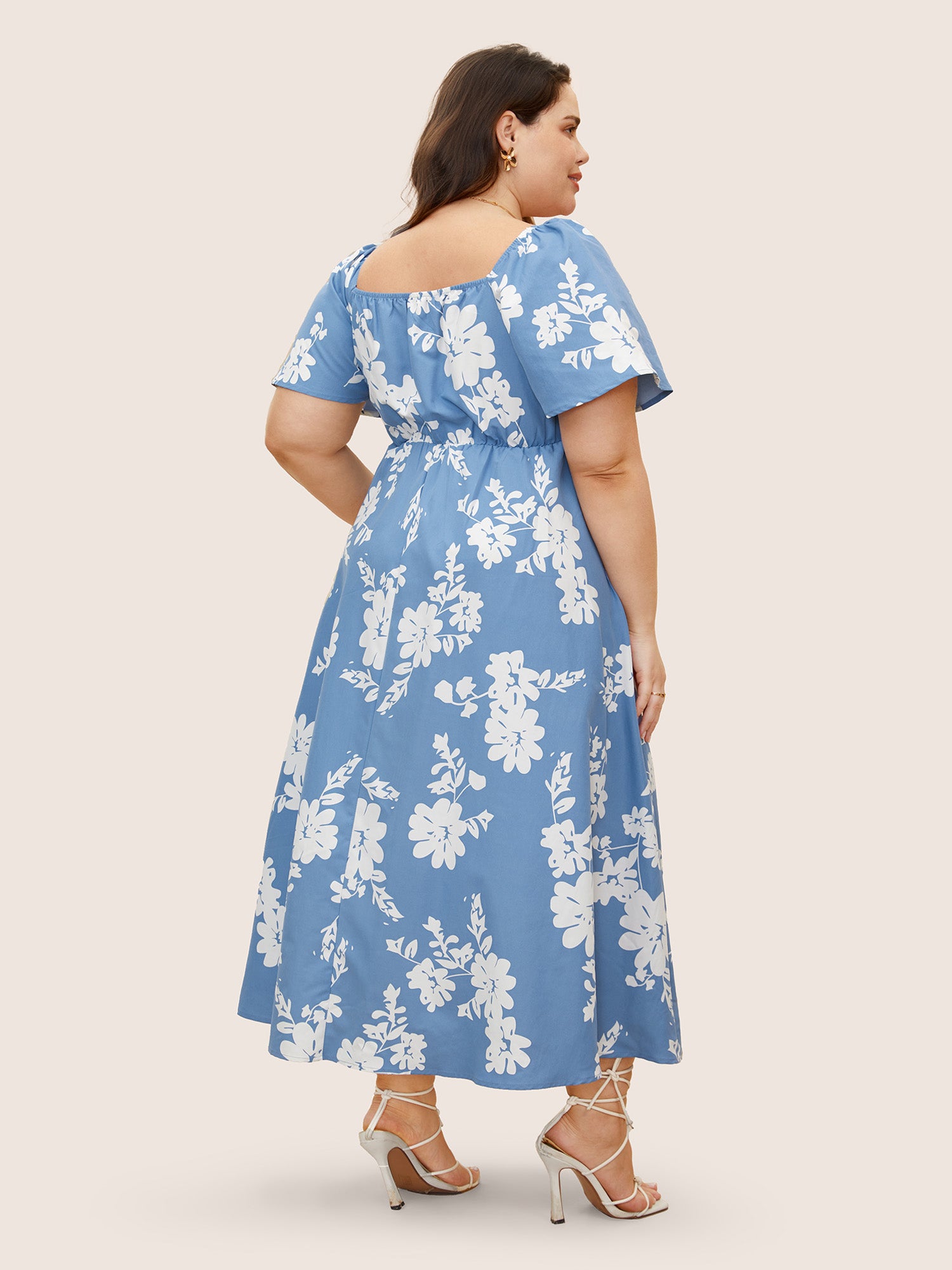 Silhouette Floral Print Shirred Square Neck Dress