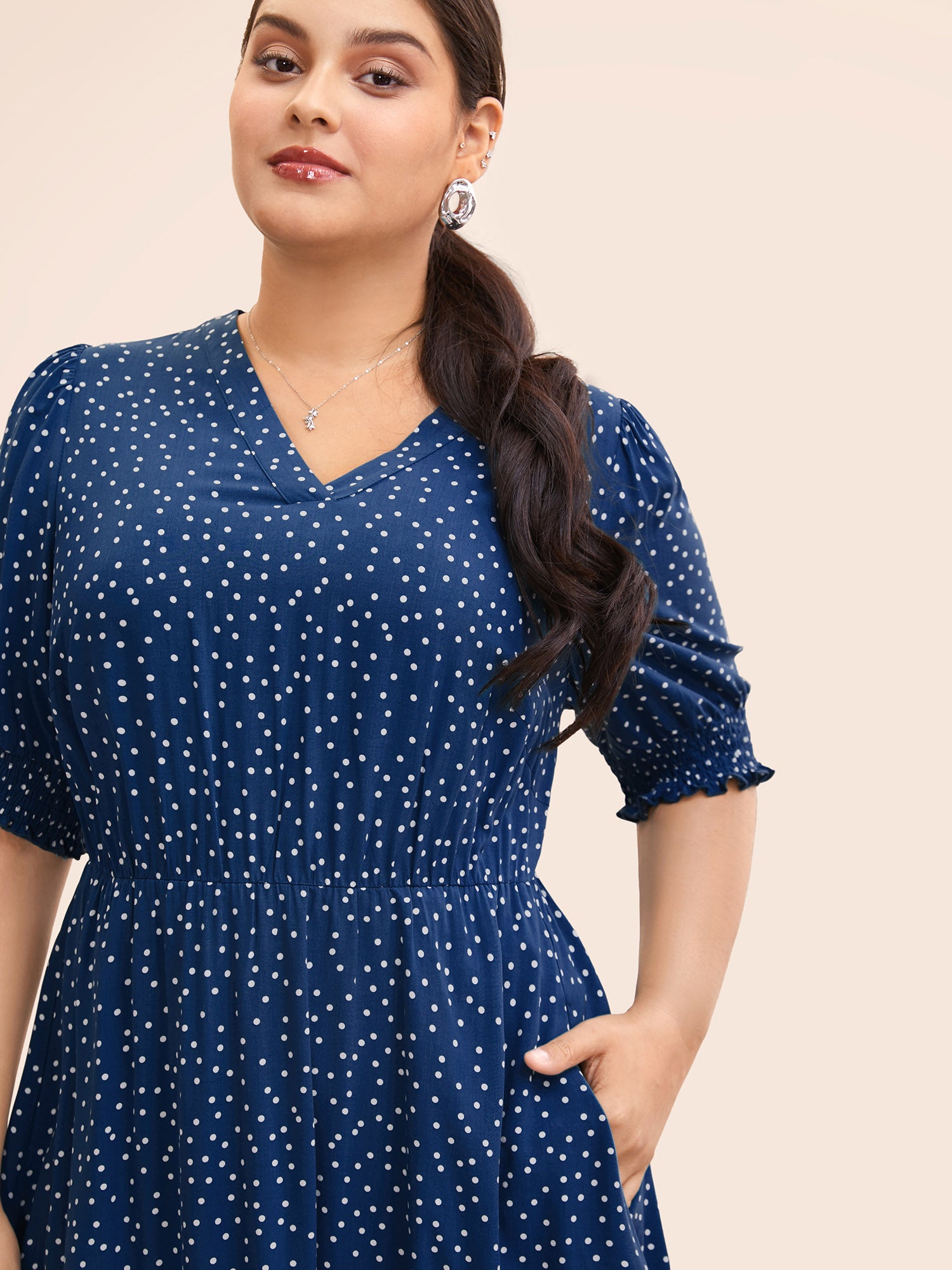 Polka Dot Shirred Pocket Flutter Hem Dress