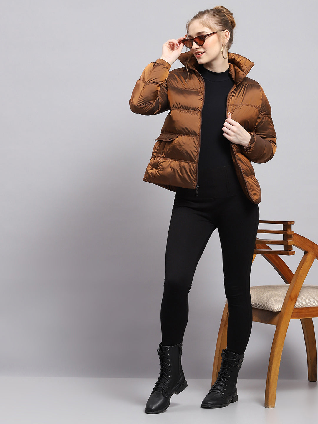 Women Brown Solid Mock Neck Full Sleeve Jacket