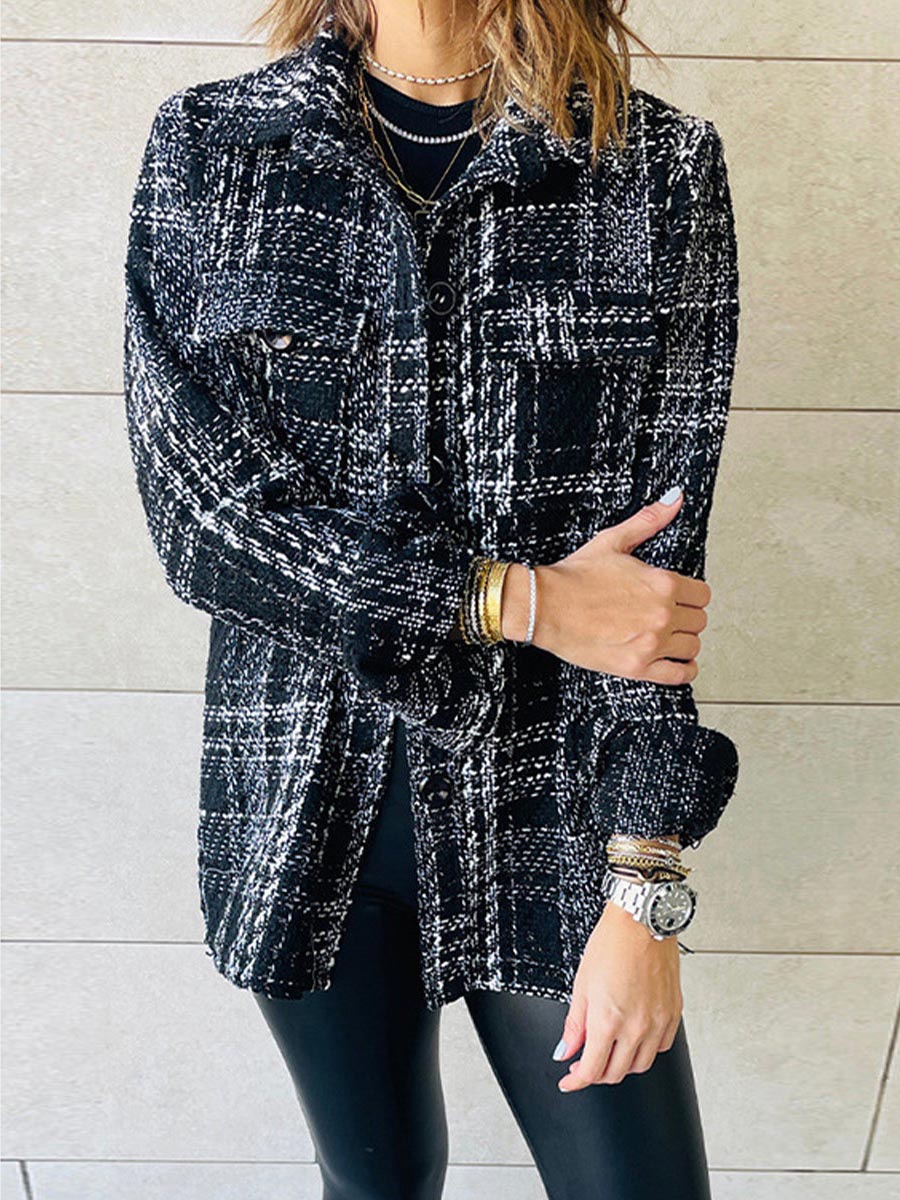 Elegant Plaid Buttons Turndown Collar Outerwear