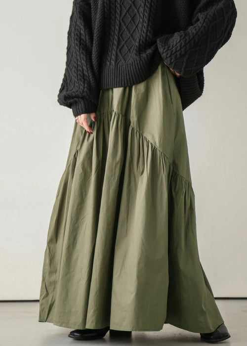 Loose Army Green Wrinkled Elastic Waist Cotton Skirt Spring