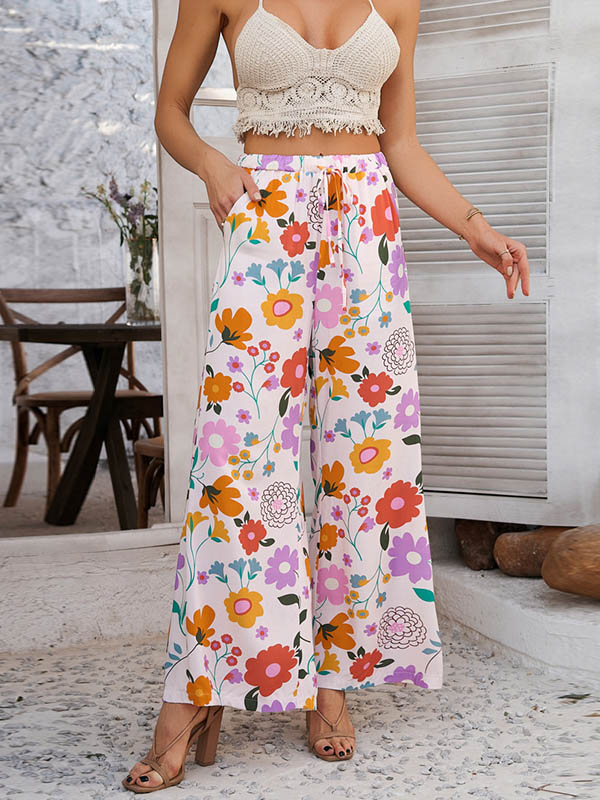 High Waisted Loose Contrast Color Drawstring Flower Print Pockets Pants Trousers