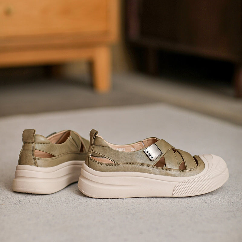 Platform Hollow-Out Low-top Roman Sandals Cow Leather Fisherman Shoes in Beige/Yellow/Green