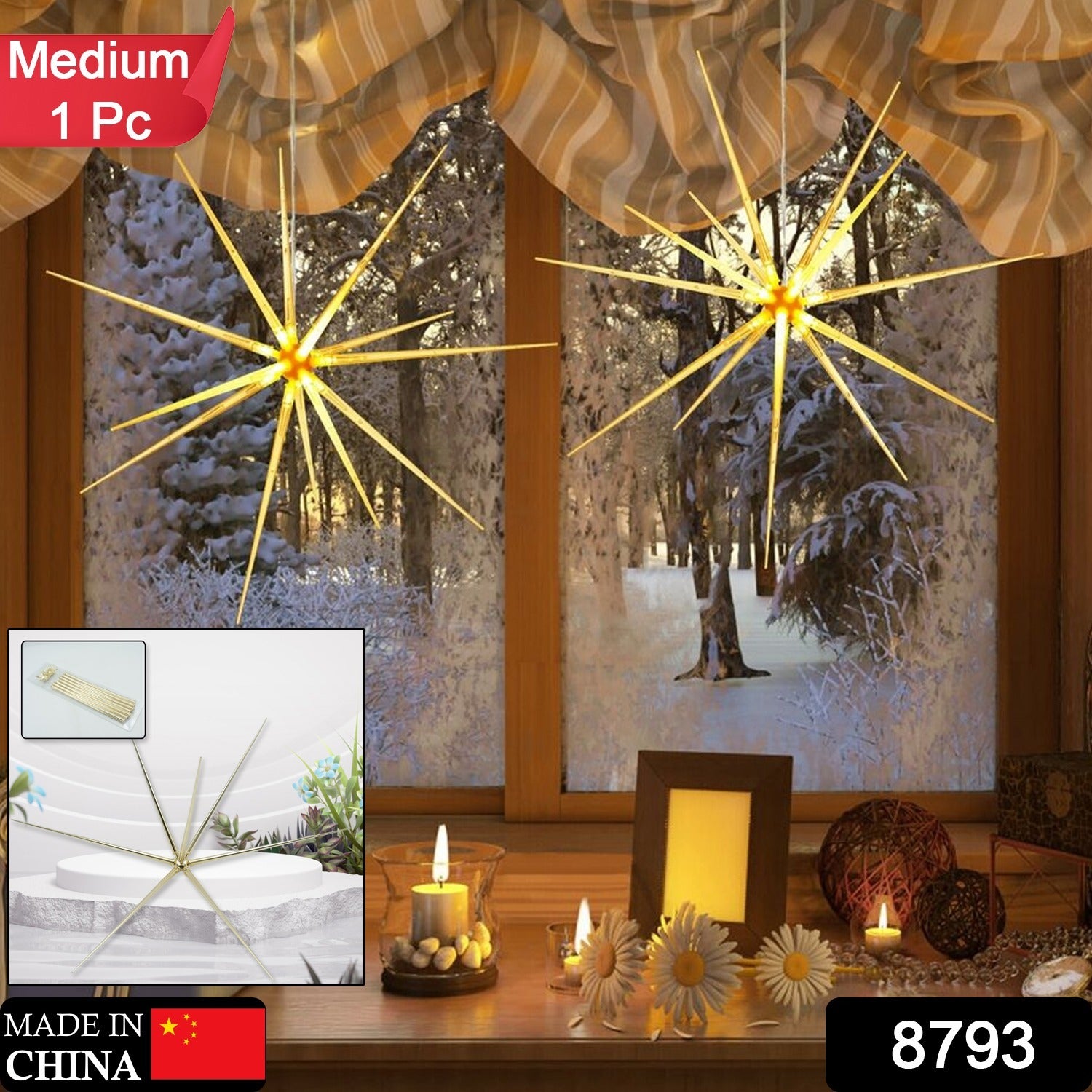 3D Gold Star Hanging Decoration Star. Acrylic Look  Hanging Luminous Star for Windows. Home. Garden Festive Embellishments for Holiday Parties Weddings Birthday Home Decoration (Medium)