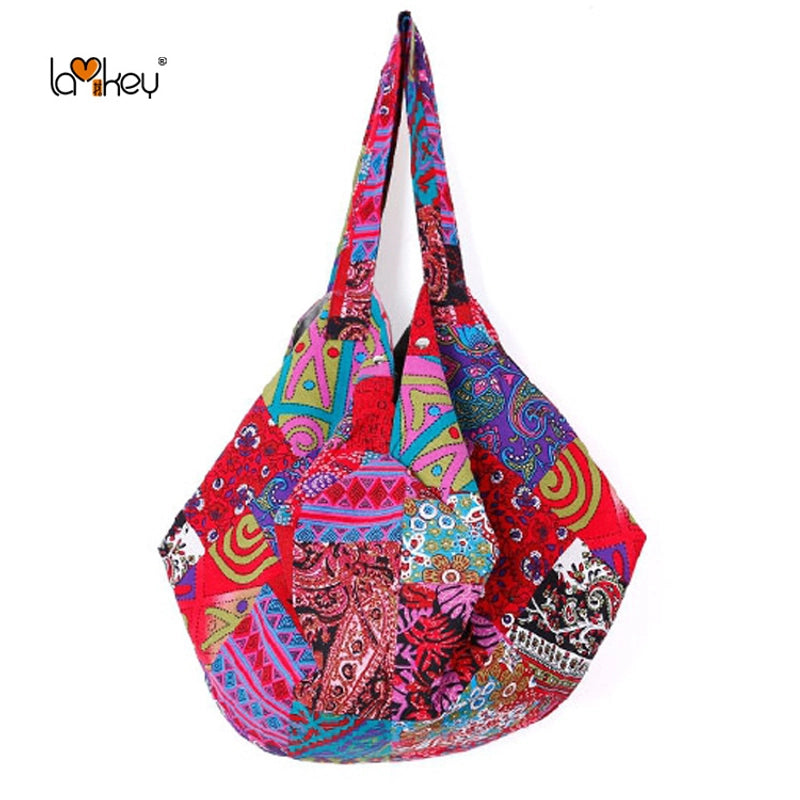 Women's Large Cotton Color Block Vintage Style Classic Style Dumpling Shape Magnetic Buckle Shoulder Bag