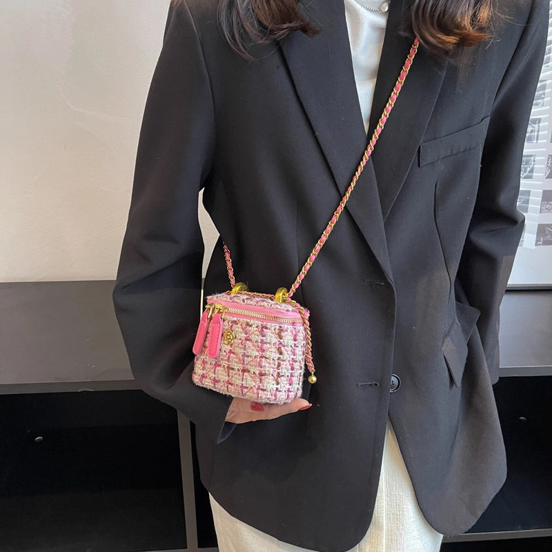 Women's Canvas Plaid Elegant Sewing Thread Square Zipper Shoulder Bag Crossbody Bag Square Bag