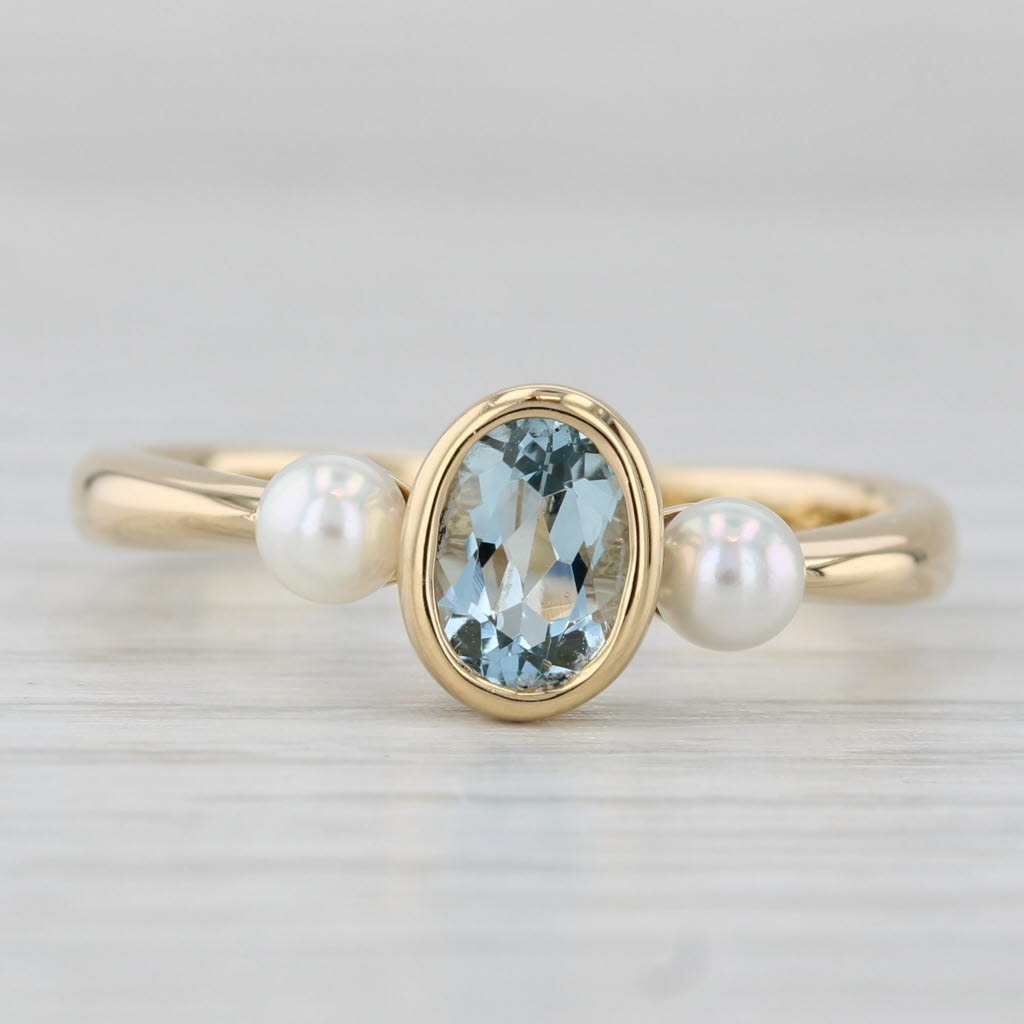 0.76ct Oval Aquamarine Cultured Pearl Ring 18k Yellow Gold Size 9