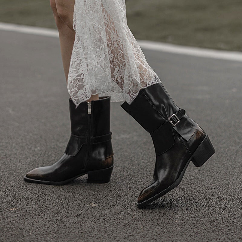 Western Boots Mid Calf Boots Block Heel - Black/Red Cowgirl Boots All Genuine Leather