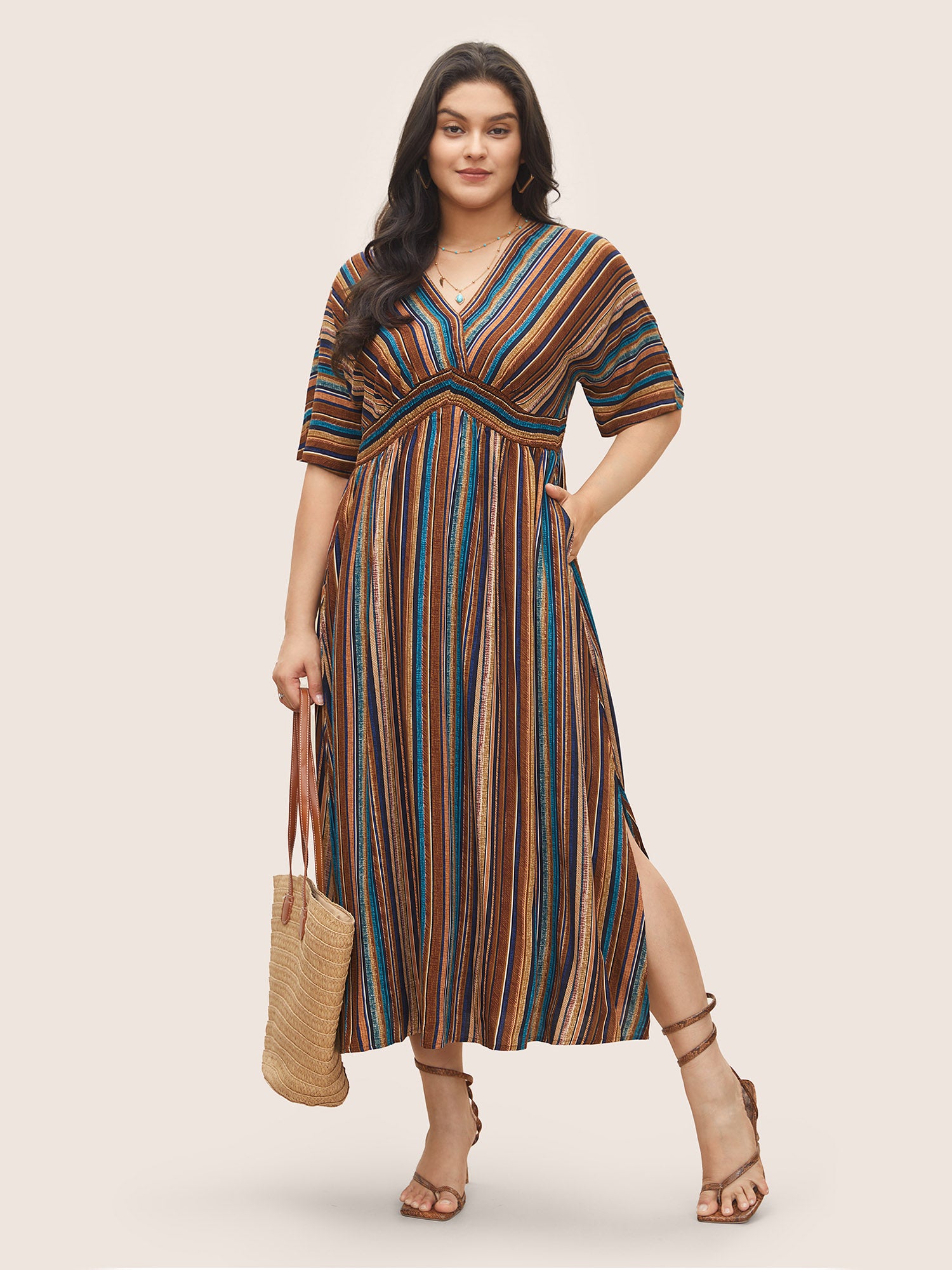 Striped Contrast Dolman Sleeve Shirred Pocket Split Flutter Dress