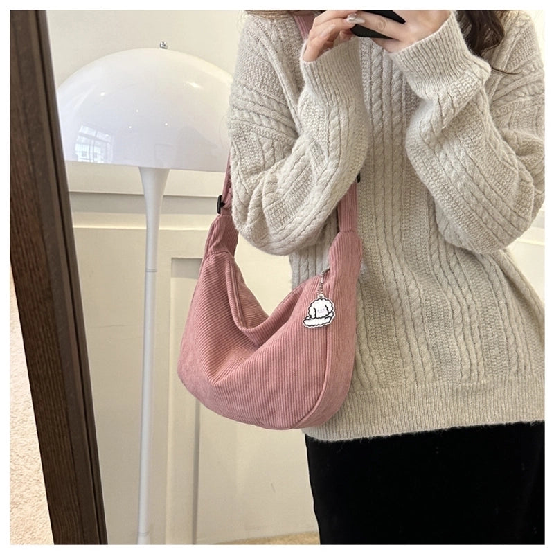 Women's Large Corduroy Solid Color Streetwear Dumpling Shape Zipper Shoulder Bag