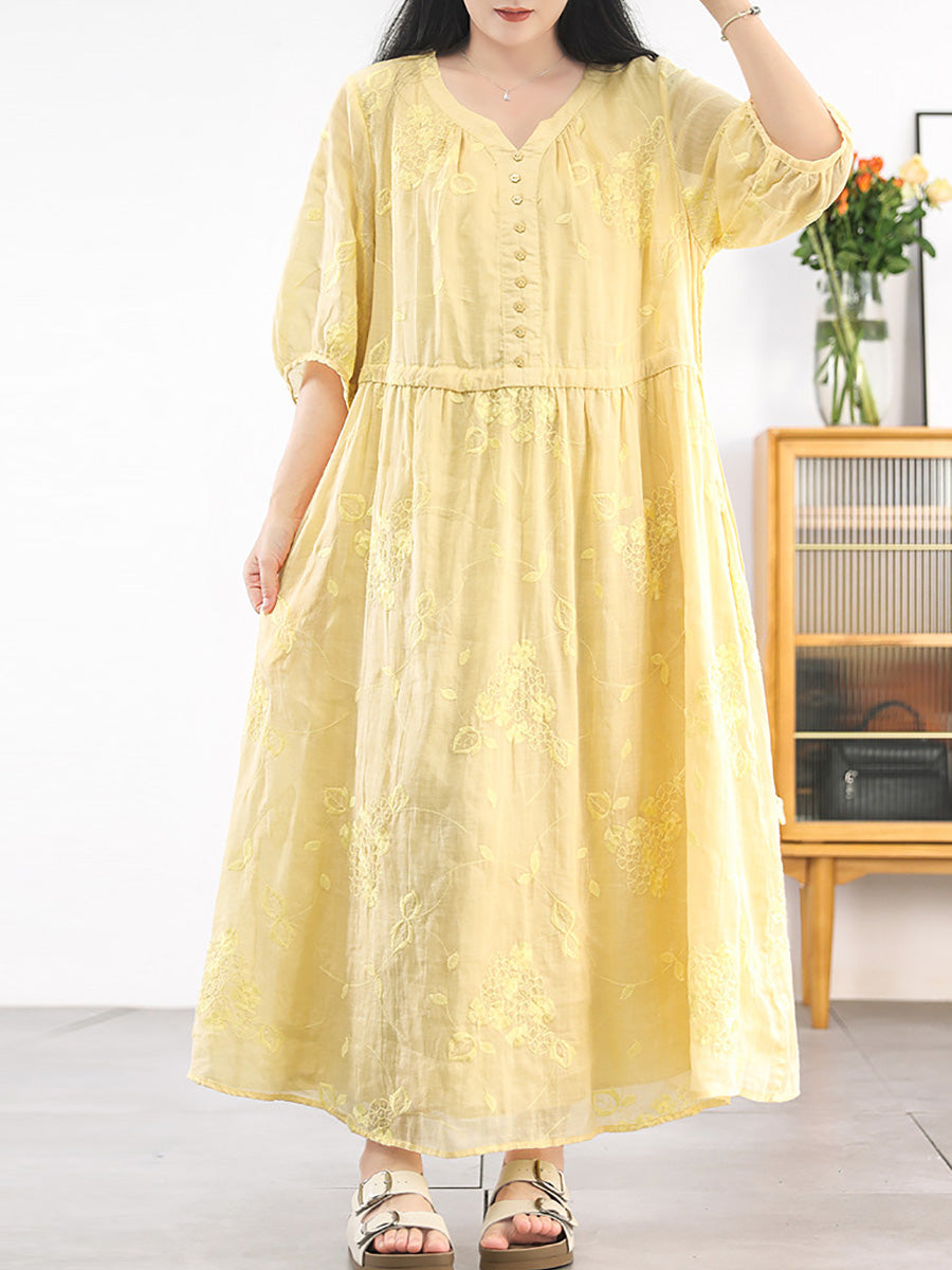 Women Summer Artsy Embroidery V-Neck 100%Ramie Dress
