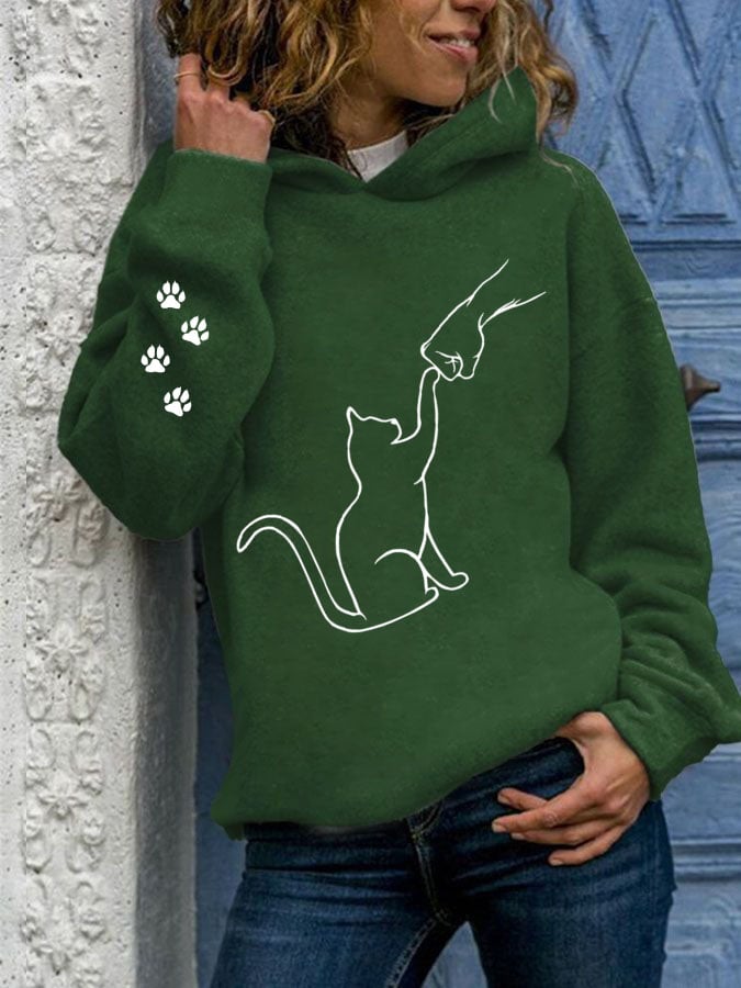 Women's Cat and Hand Print Casual Hoodie