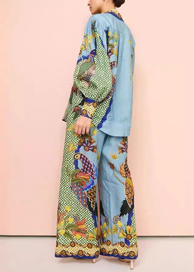 Fashion Green Peter Pan Collar Print Shirts And Wide Leg Pants Two Pieces Set Fall