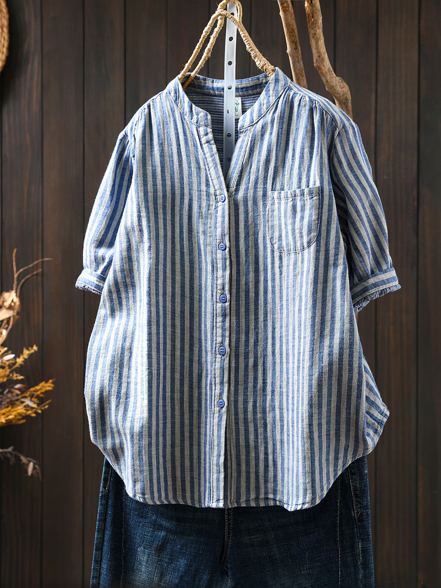 Women Summer Casual Stripe V-Neck 100%Cotton Shirt