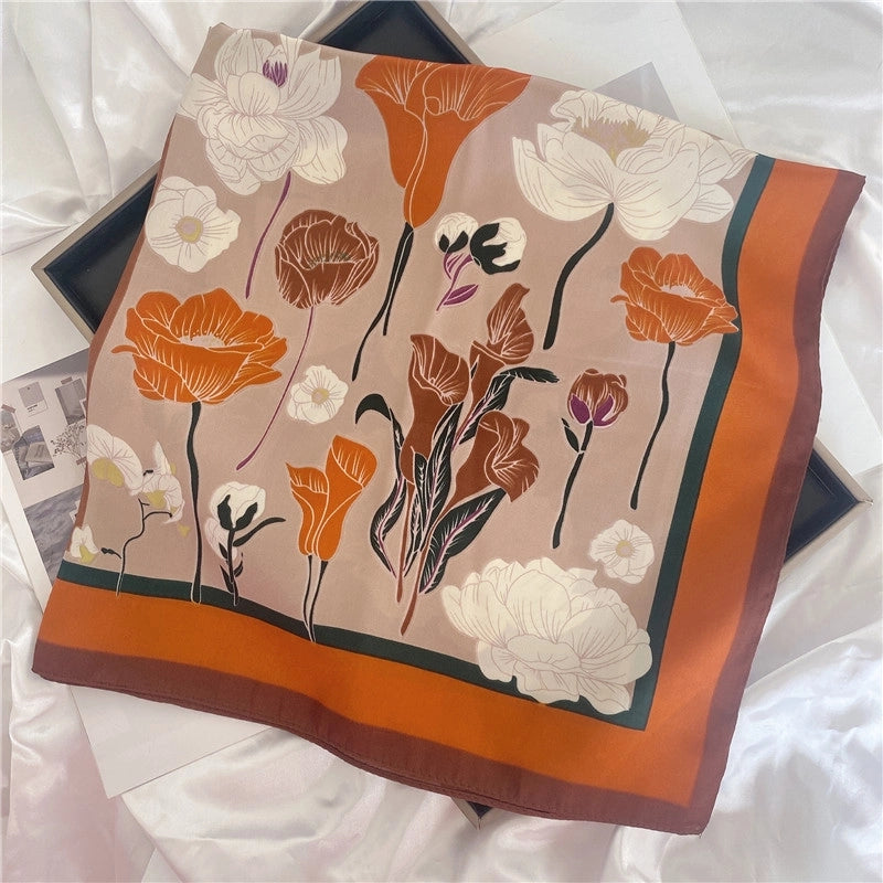 Women's Elegant Letter Flower Satin Silk Scarf