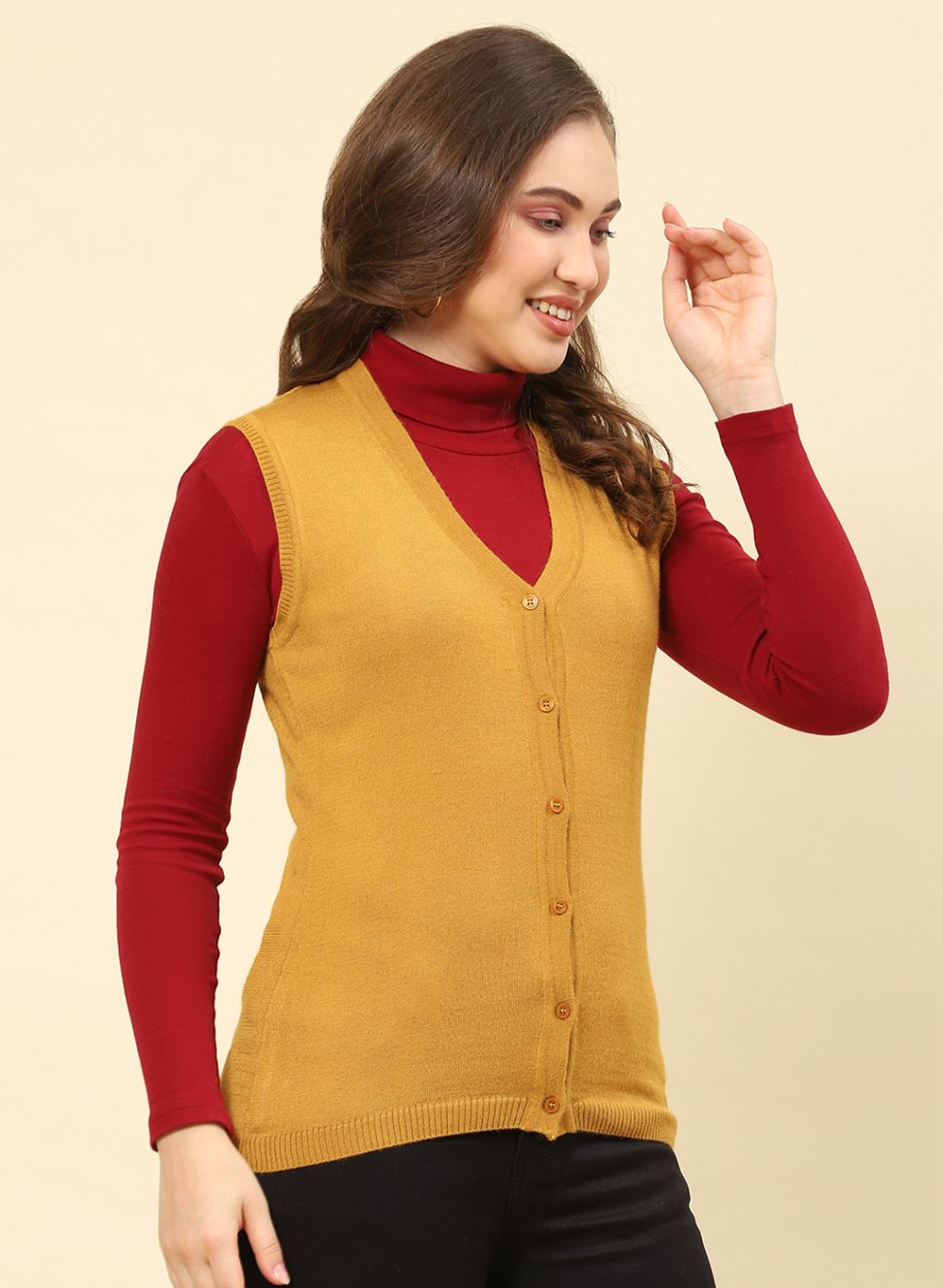 Women Mustard Solid Modal Nylone Cardigan