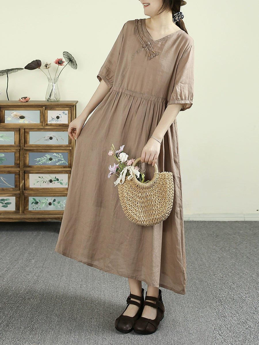 Women Summer Artsy Pure Color V-Neck 100%Ramie Dress