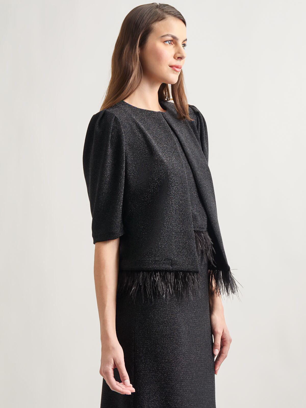 Modern Fit Ostrich Feather Trim Stretch Woven Jacket