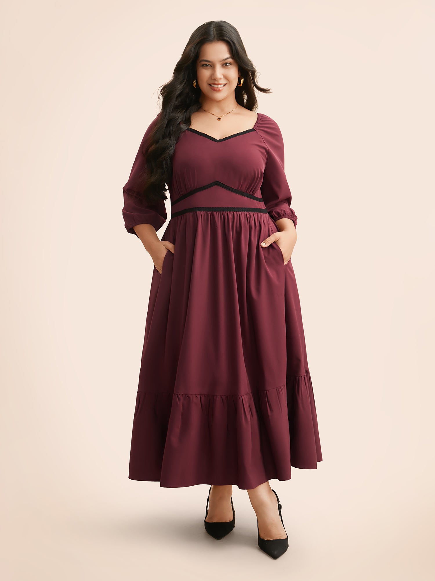 Heart Neckline Woven Ribbon Midi Dress