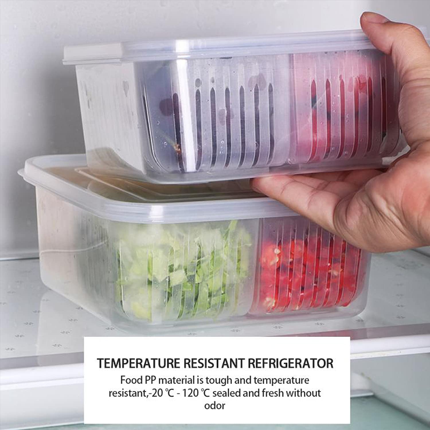 Fridge Food Storage Container With Lid. Airtight Refrigerator Food Box With 4Pcs Detachable Drain Baskets