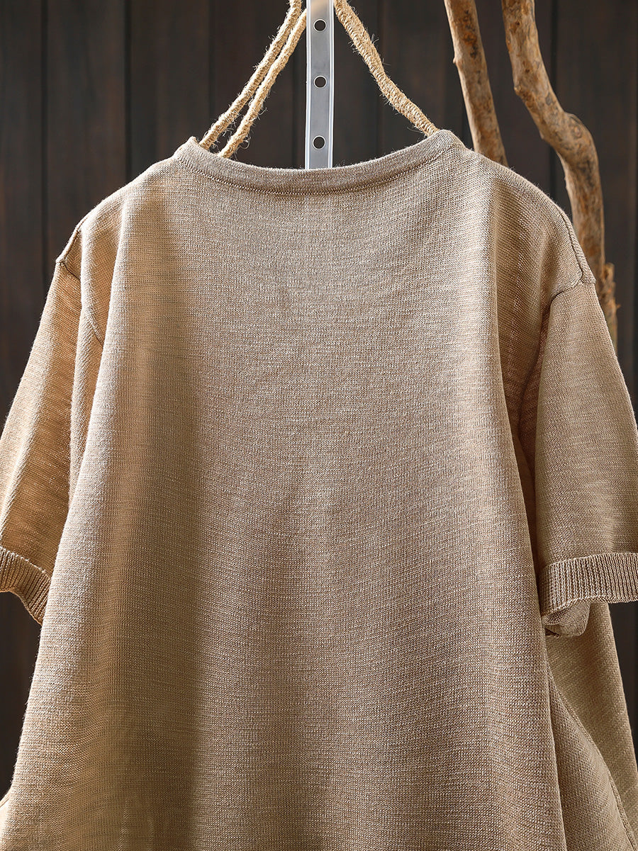 Women Summer Artsy Flower Knitted Linen Cotton Shirt