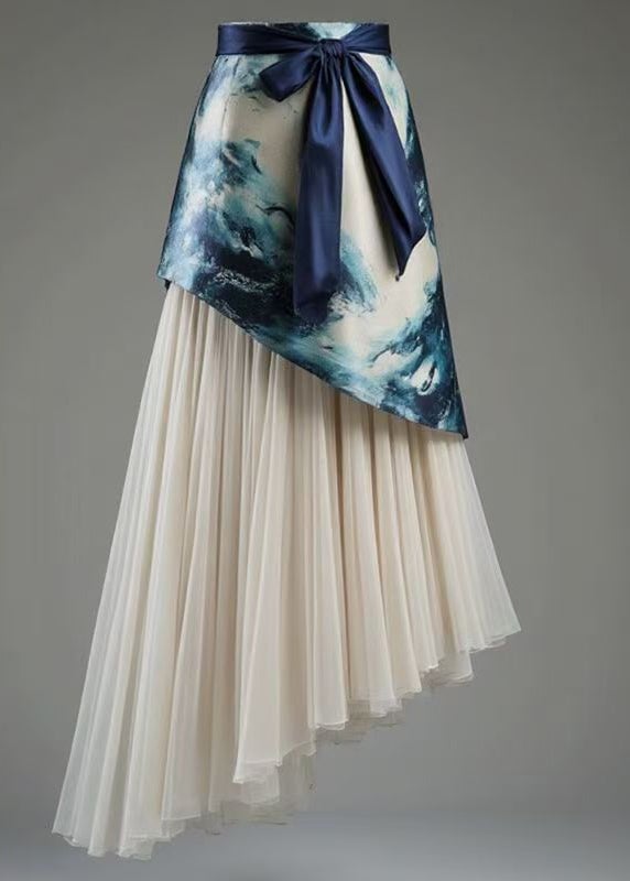 French Blue Asymmetrical Lace Up Tulle Patchwork Skirts Summer