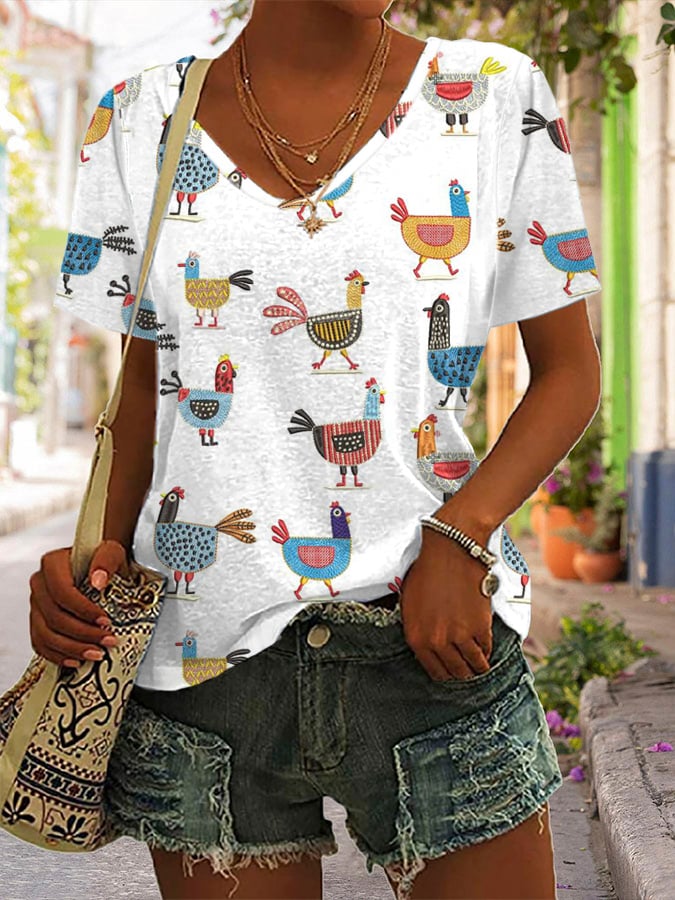 Women'S Funny Farm Chicken Art Print T-shirt