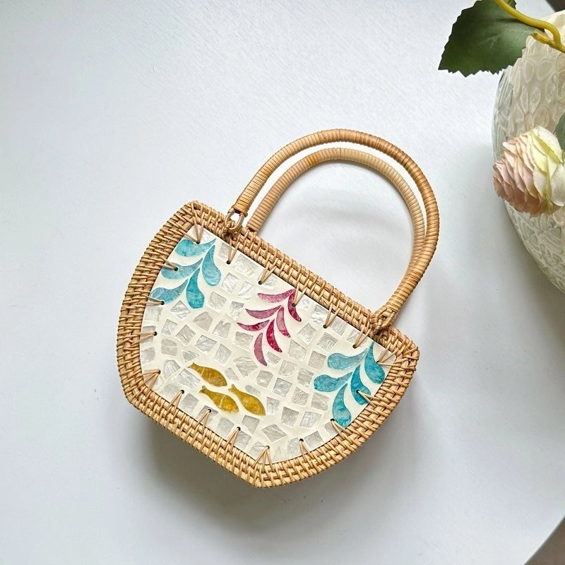 Women's Medium Straw Flower Vintage Style Beach Weave String Straw Bag