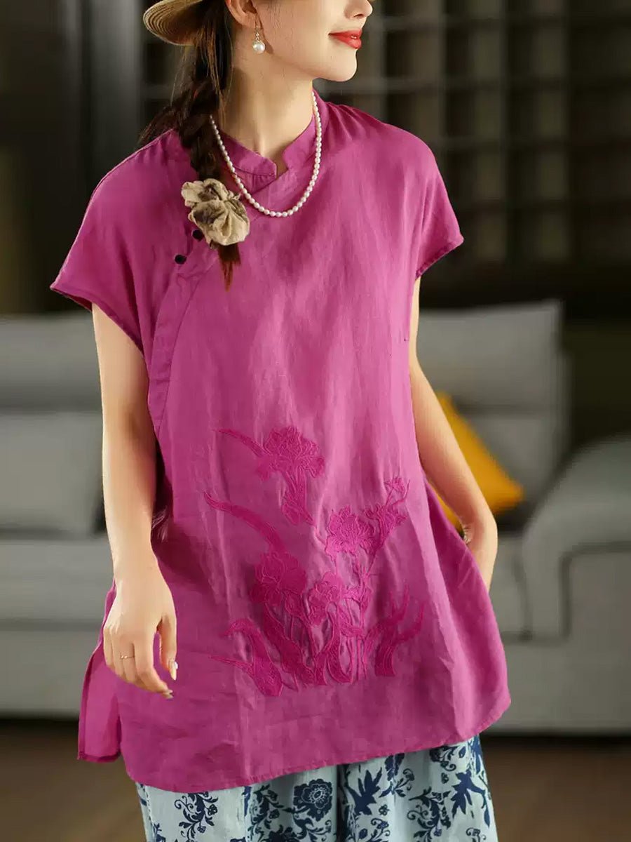 Women Summer Ethnic Flower Embroidery 100%Raime Shirt