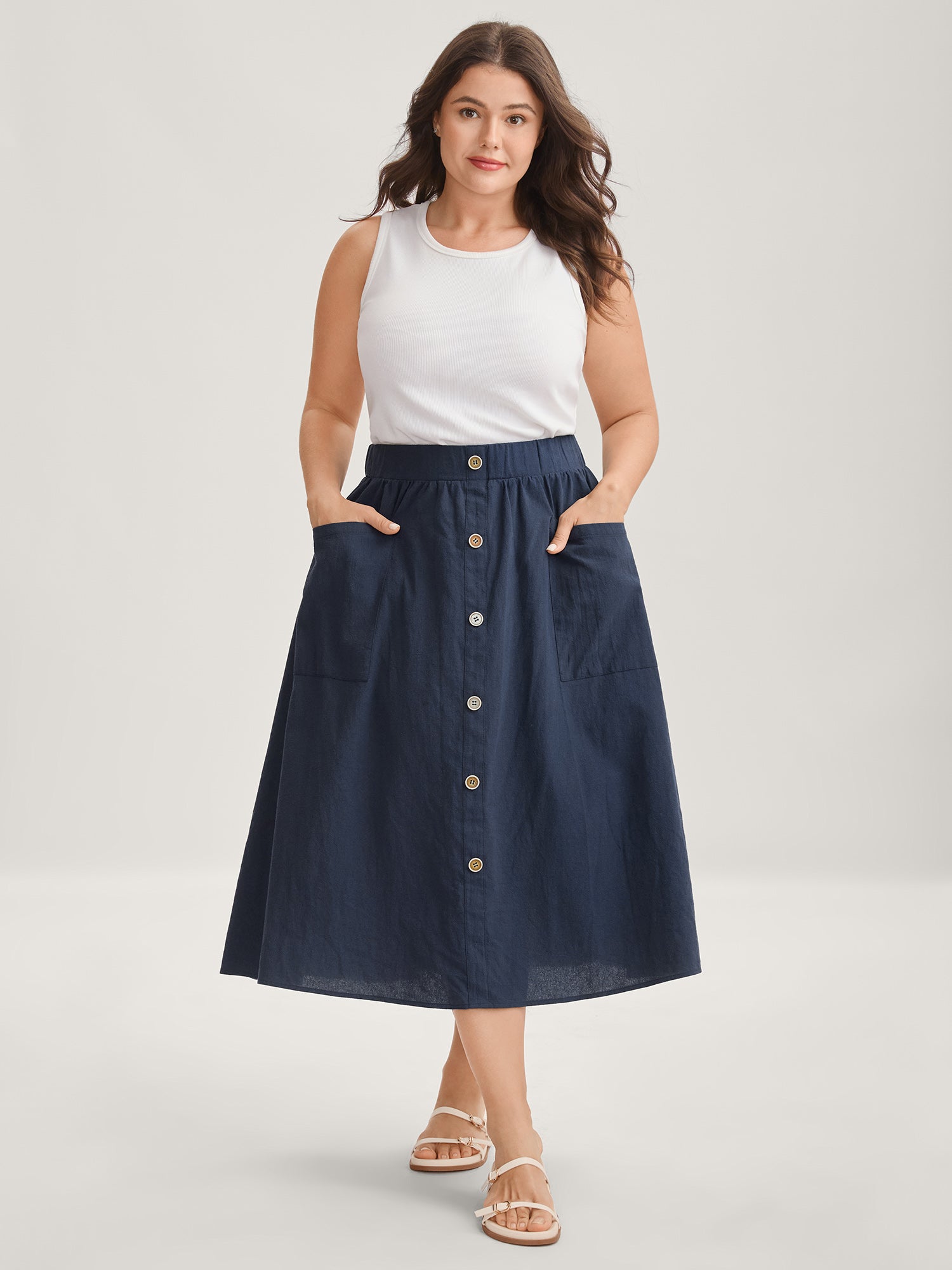 Solid Button Detail Midi Skirt